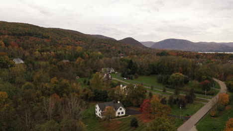 an aerial drone shot of the colorful fall foliage in upstate ny