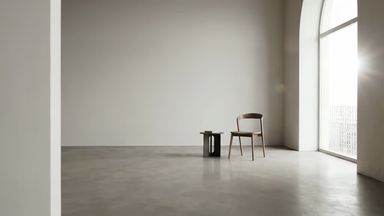 Minimalist Empty Room with Arched Window and Single Chair