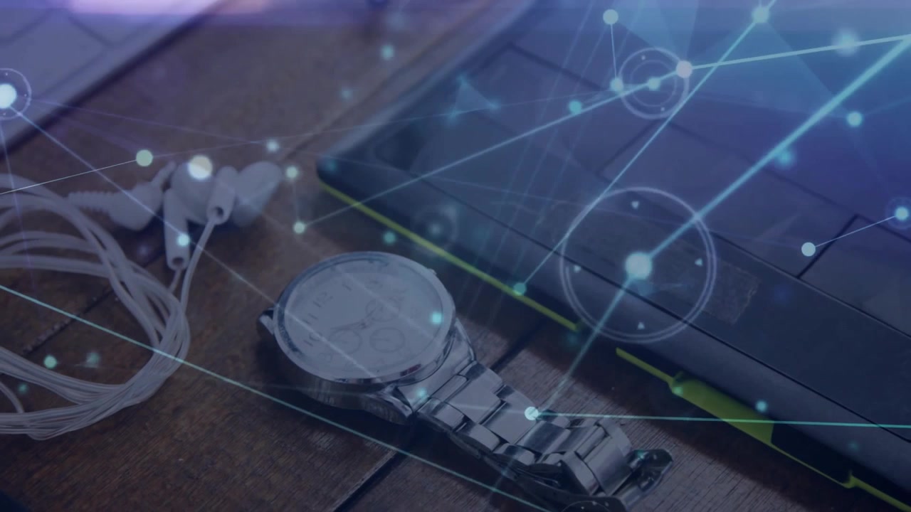 Faint network overlay rising near tablet and watch drifting and linking nodes showing data flow