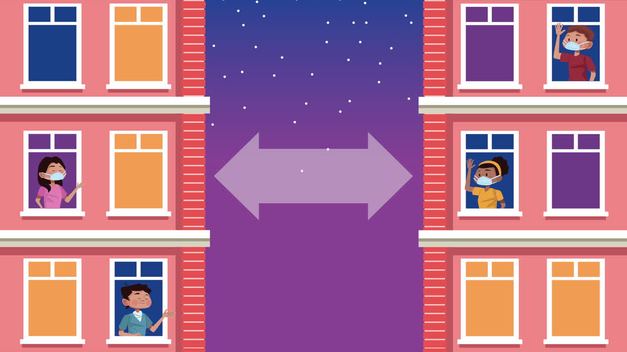 아파트 발코니에서 covid-19에 대한 의료 마스크를 착용하는 사람들