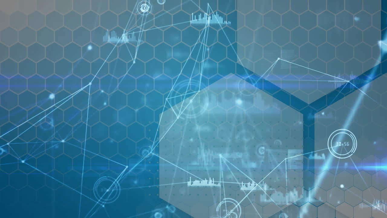 6각형 격자 및 파란색 배경의 데이터 시각화 애니메이션