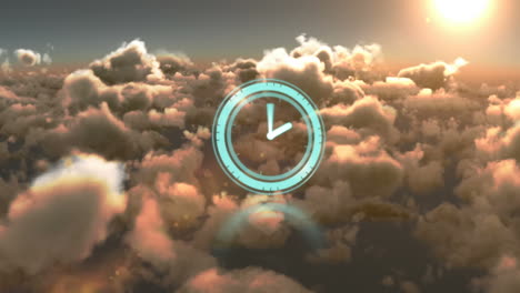 animación de un reloj con manecillas en movimiento sobre un cielo nublado