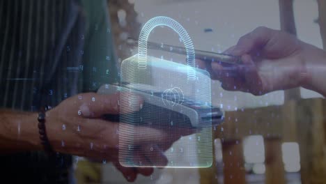 animation of network security padlock over people using payment terminal