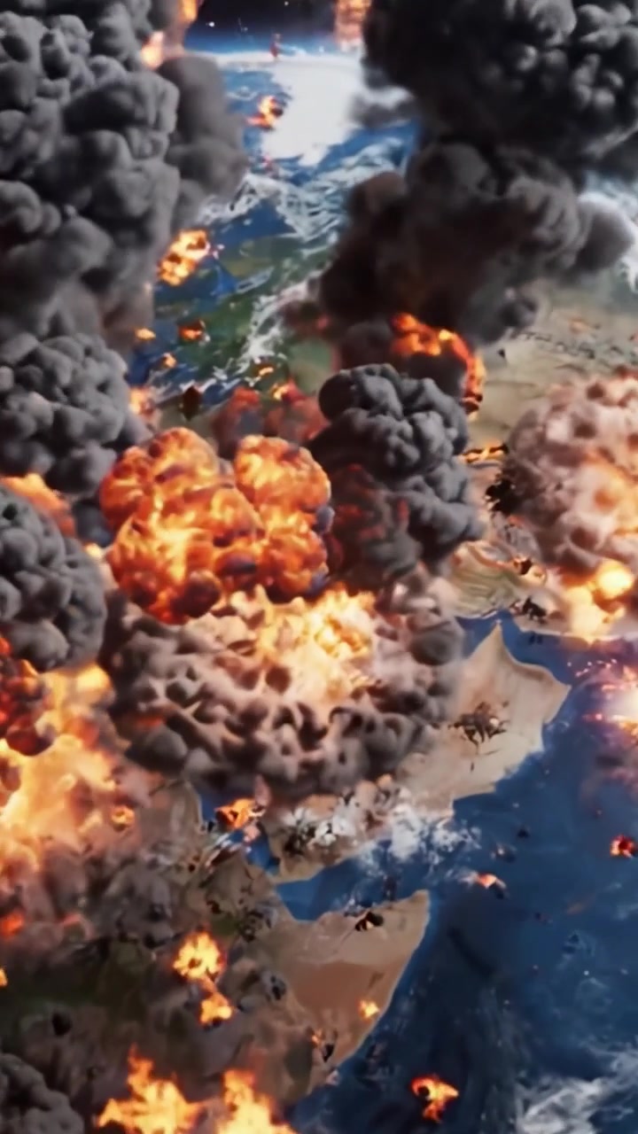 Una drammatica discesa nel caos: eventi catastrofici simulati che si svolgono su una Terra immaginaria tra esplosioni e nuvole di fumo