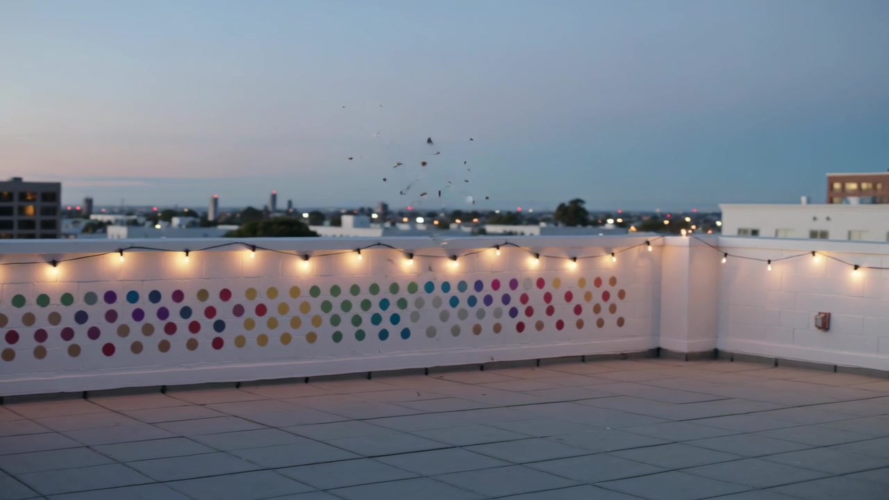 Una bandada que se desliza hacia el horizonte derecho sobre el parapeto de un tejado con lunares y guirnaldas luminosas.