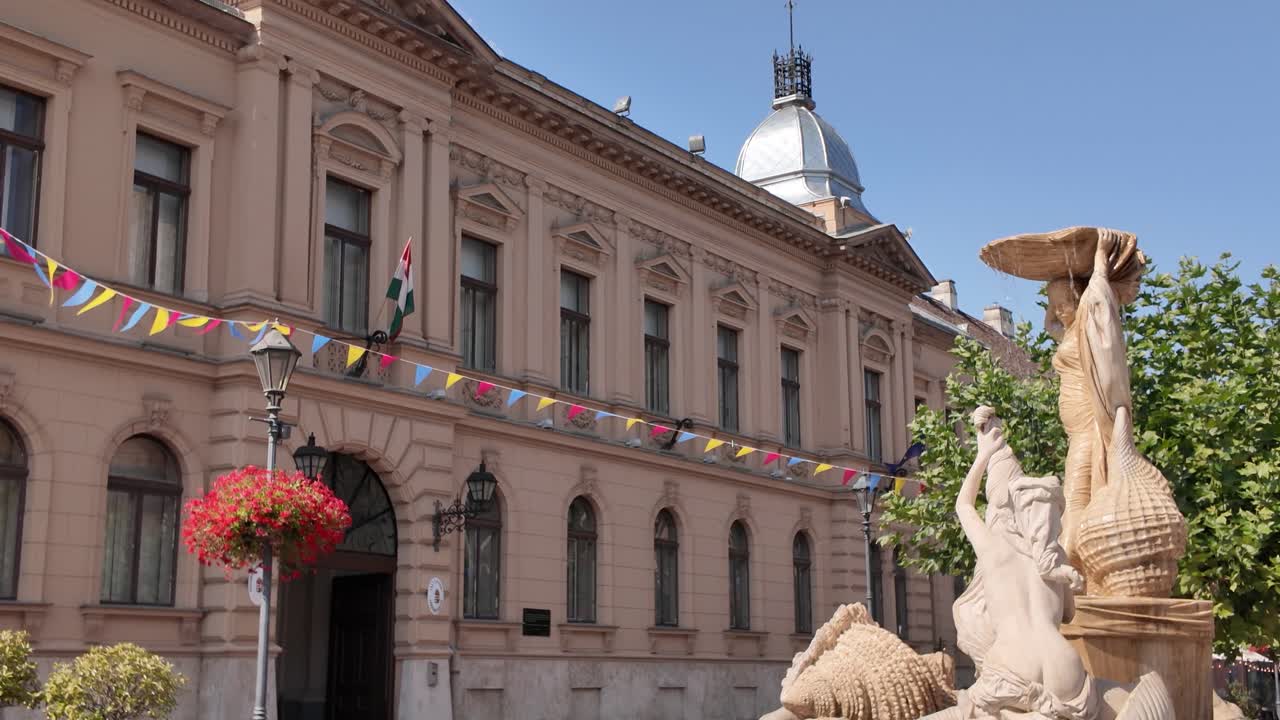 Fountain with statues at Széchenyi Square in Esztergom Hungary