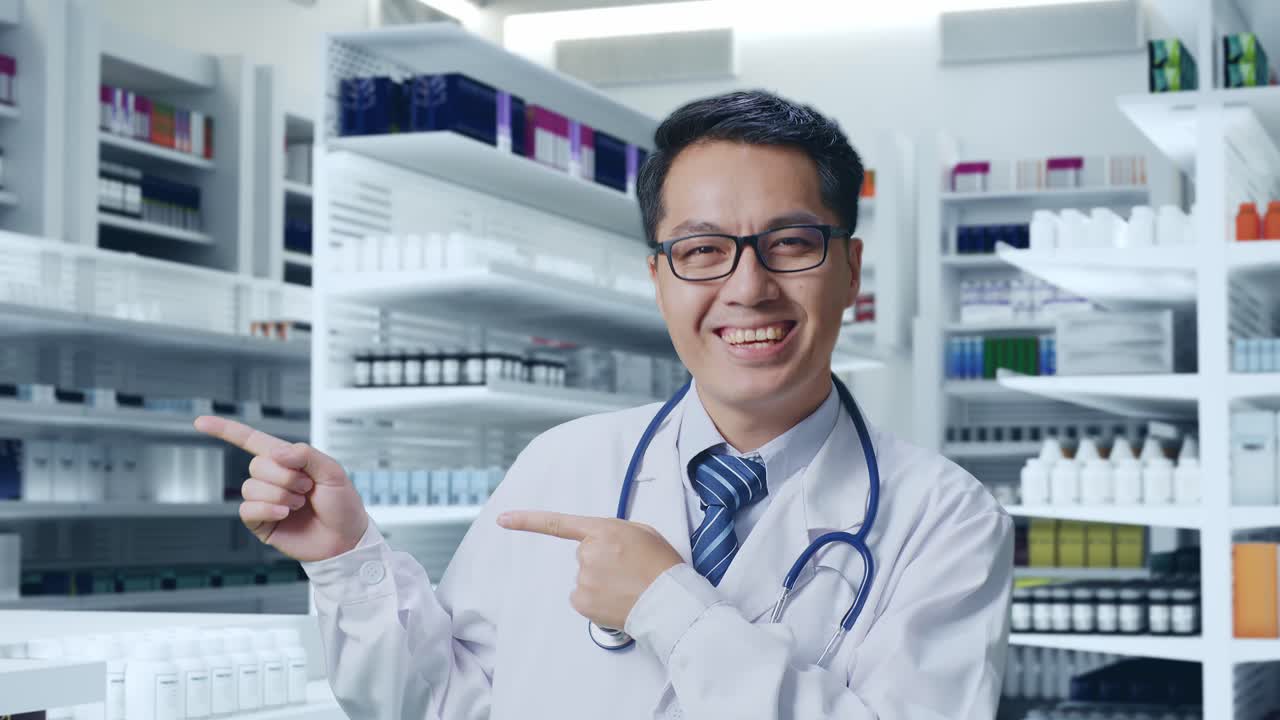 스테토스코프를 들고 있는 아시아 남성 의사가 약국에서 웃으며 을 가리키고 있습니다.