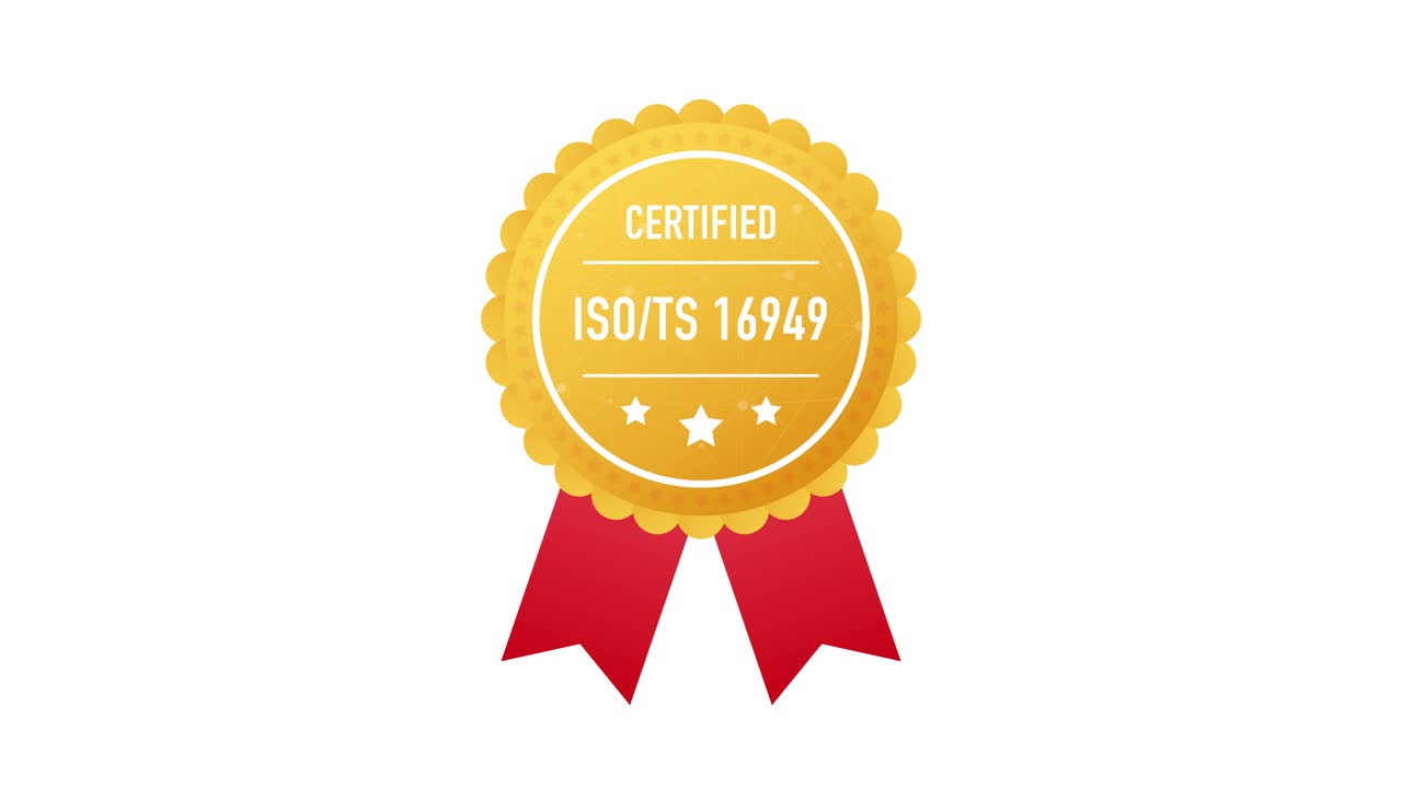ISO TS 16949 certified golden label on white background. Motion graphics.