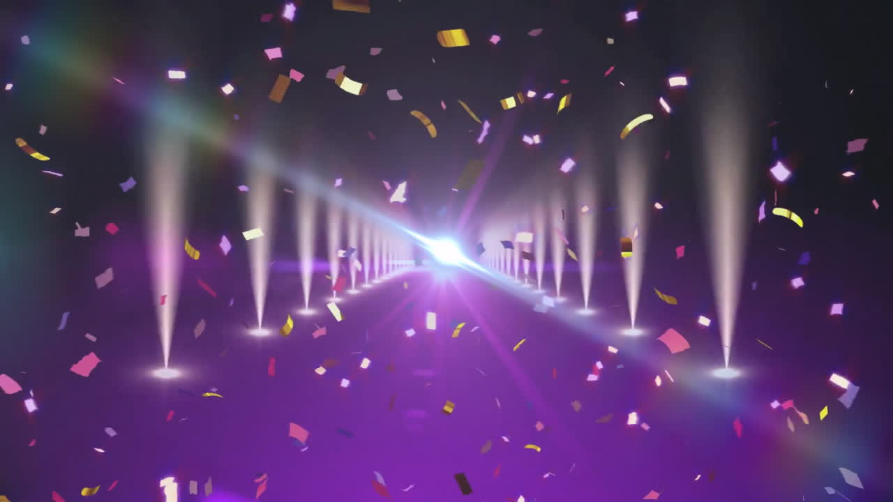 빛나는 스포트라이트와 보라색 배경에 떨어지는 콘페티의 애니메이션