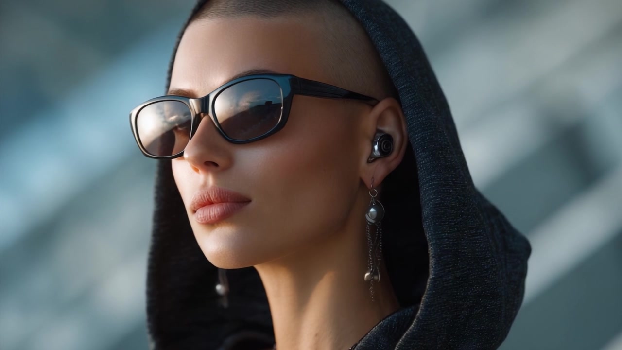 Una donna sicura di sé con la testa rasata, che indossa occhiali da sole e orecchini eleganti, emana un'aria di mistero ed eleganza moderna contro uno sfondo urbano sfocato