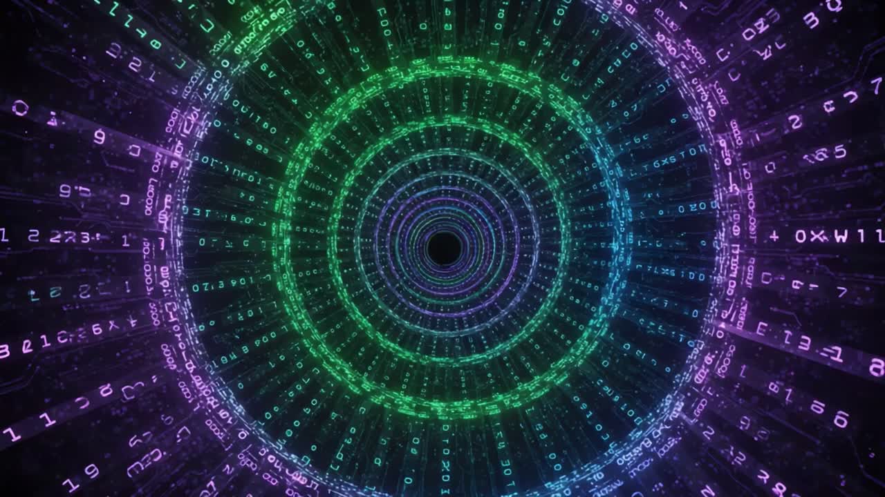 A mesmerizing visual journey through a digital vortex of swirling numbers and vibrant colors, encapsulating the essence of data flow and technology in a unique spiral tunnel