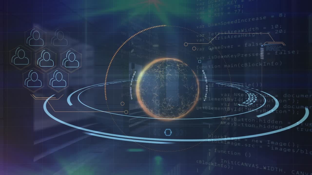 Animation of data processing and globe over scan scope on dark background