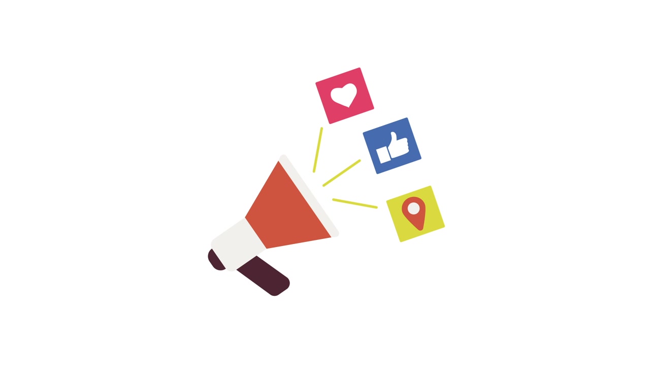 Megafono animato con icone di social media marketing