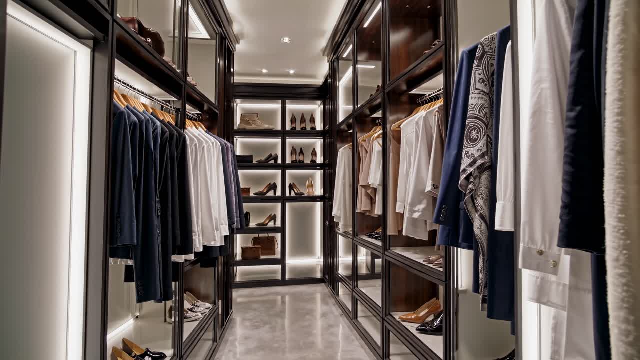 Luxurious walk-in closet with elegant lighting, showcasing clothes and shoes