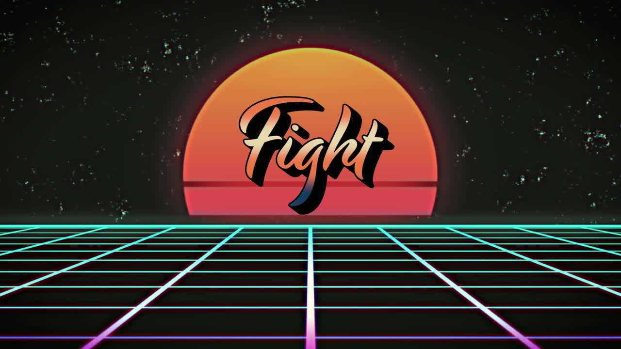 Animazione del testo 'fight' e sole su forme