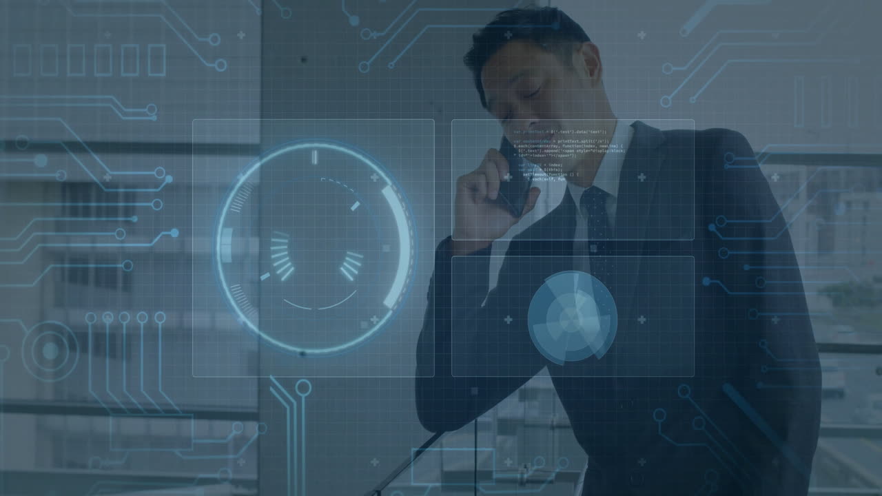 Businessman on phone with digital interface and data processing animation overlay