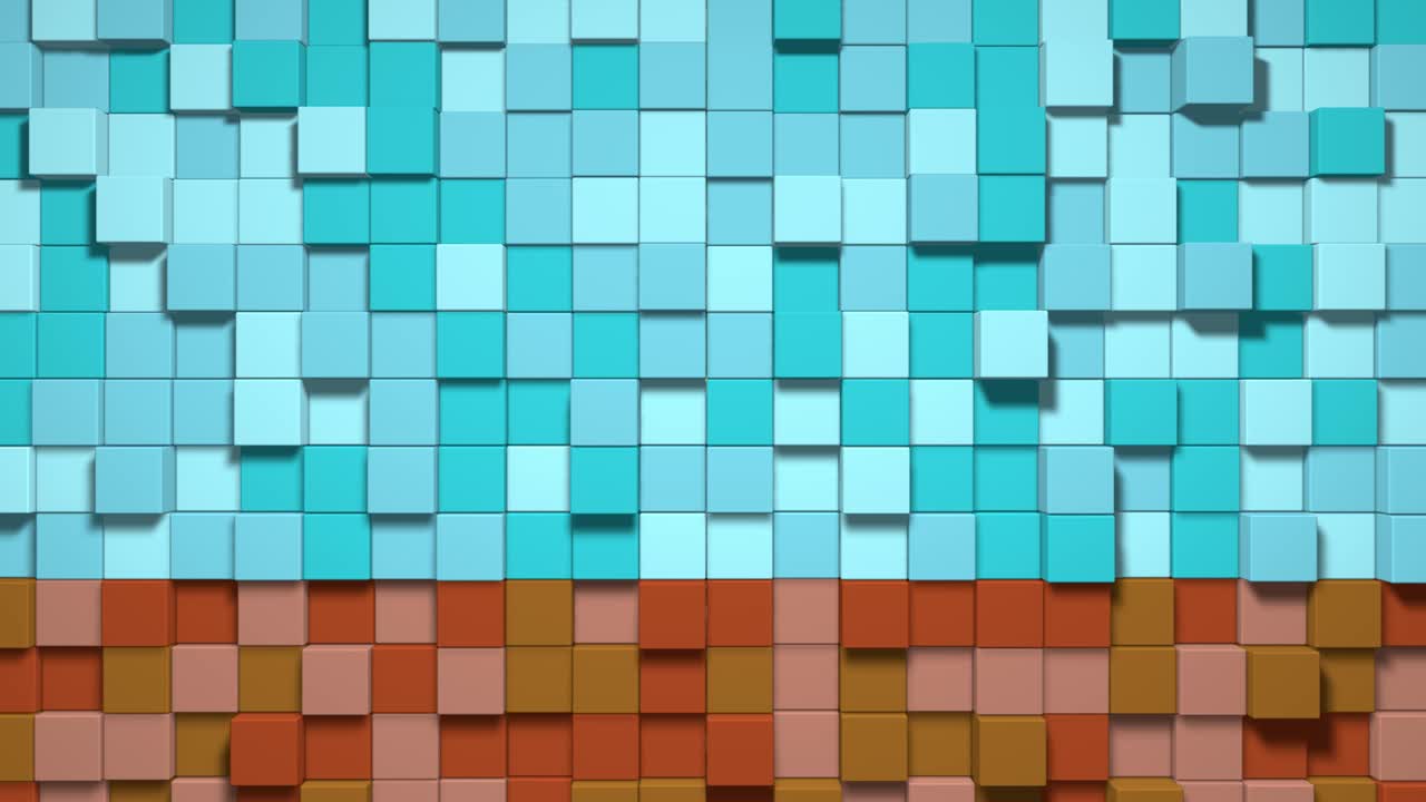3d cubos abstractos bucle. videojuego isométrico patrón de ondas de mosaico geométrico. construcción de paisajes de colinas utilizando bloques marrones azules multicolores. animación 4k