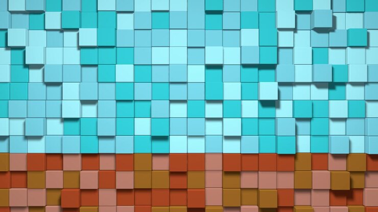 3D Abstract cubes loop. Video game isometric geometric mosaic waves pattern. Construction of hills landscape using multicolored blue brown blocks. 4K animation
