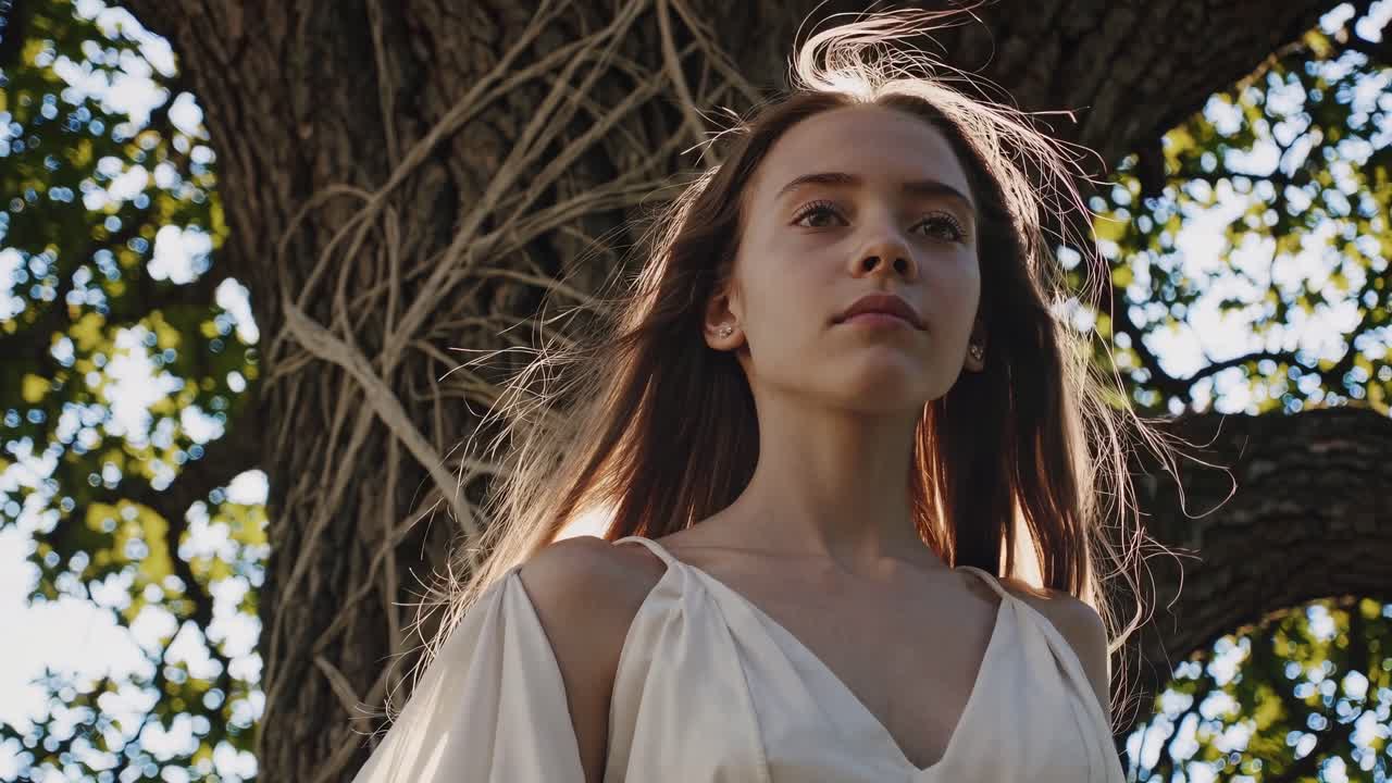 Young woman in a flowing white dress posing gracefully near a large tree, adorned with string, during a captivating theatrical performance in a sunlit forest, creating a magical atmosphere