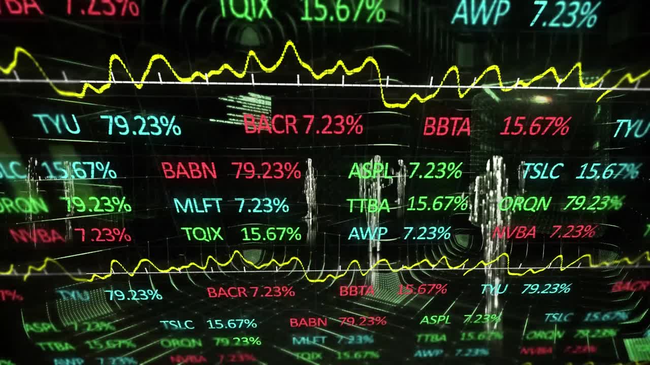 Animazione di elaborazione di dati finanziari e statistiche del mercato azionario