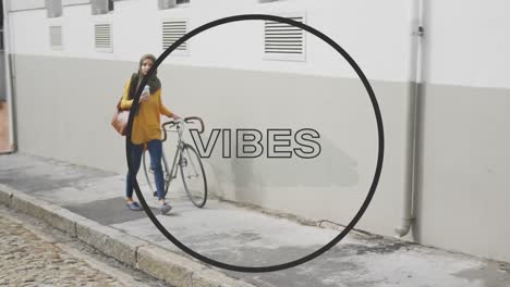 animación de vibraciones de texto sobre mujer con bicicleta