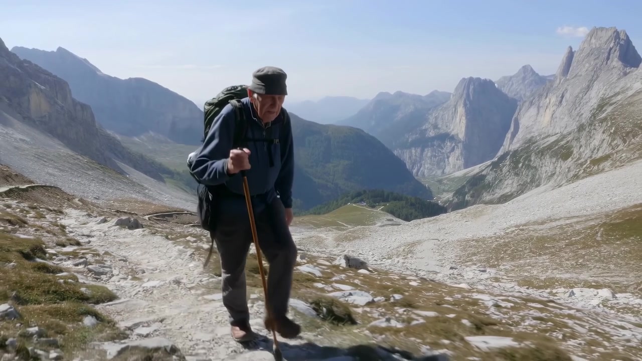 Backpacked hiker steadily walks uphill over uneven stone terrain, planting a walking pole for support as sunlit ridges, rocky slopes, and forested valley fill the wide mountain view.