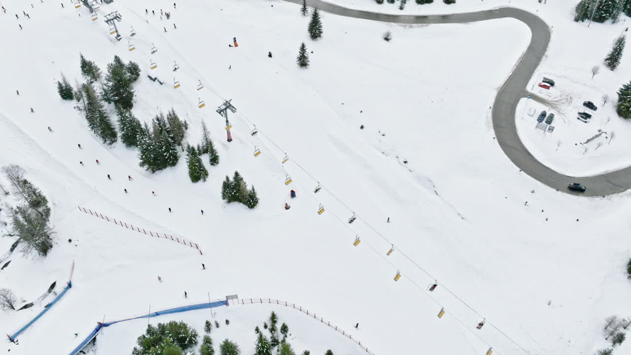 Aerial drone view of a ski lift in Corvara, in South Tyrol, the Dolomites