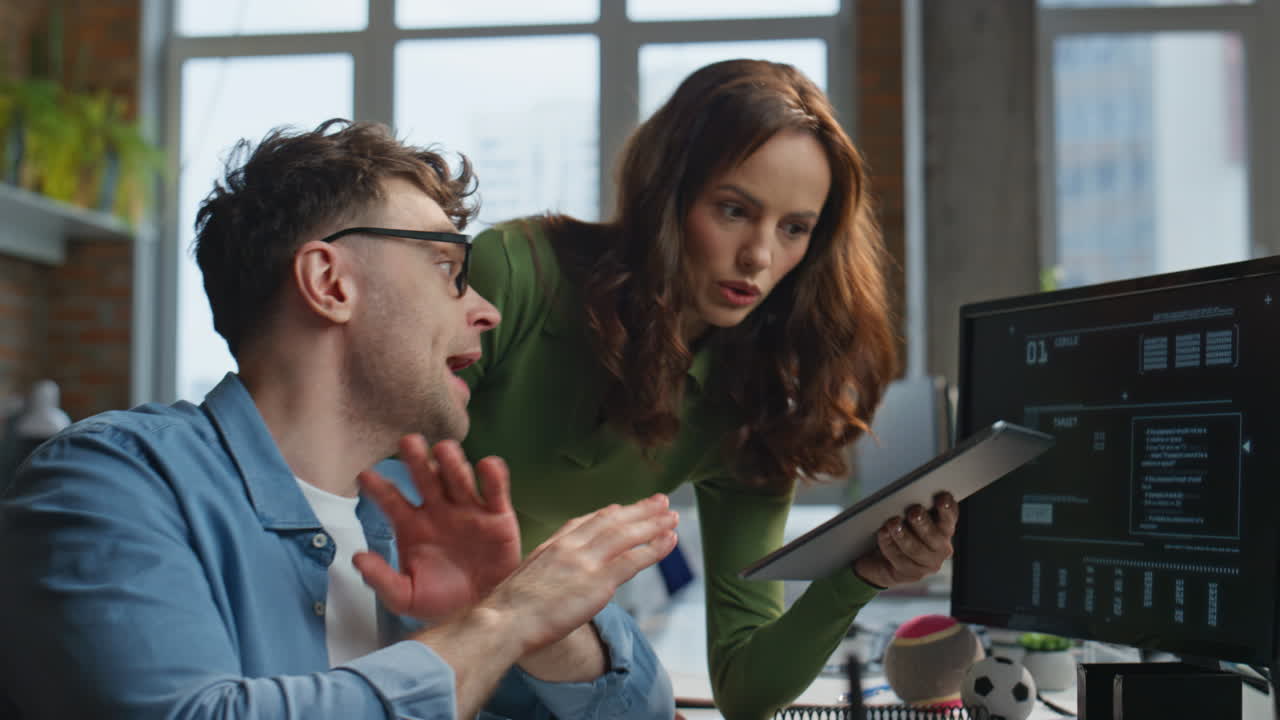 Team video calling computer working office closeup. Businessman pc conference