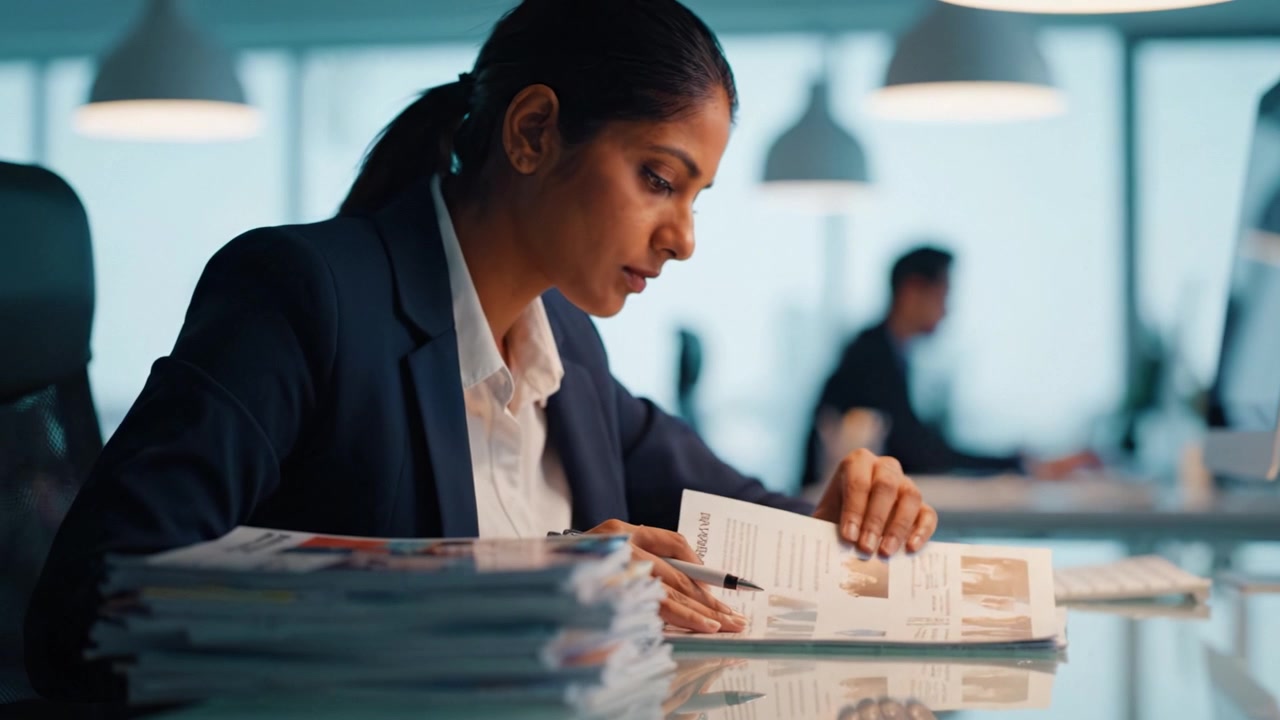 Focused Professional Working in an Office, Analyzing Documents While Writing Notes with a Pen at a Modern Workspace During Evening