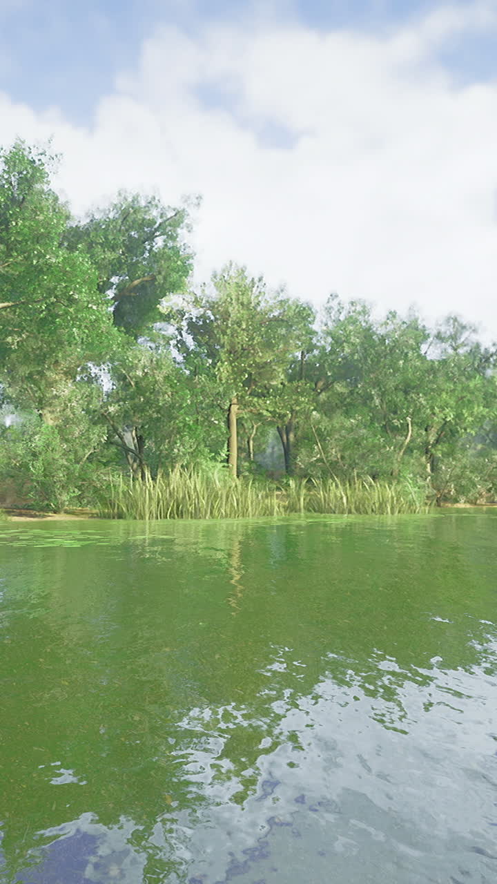 Peaceful lakeside view displaying lush greenery on a clear day