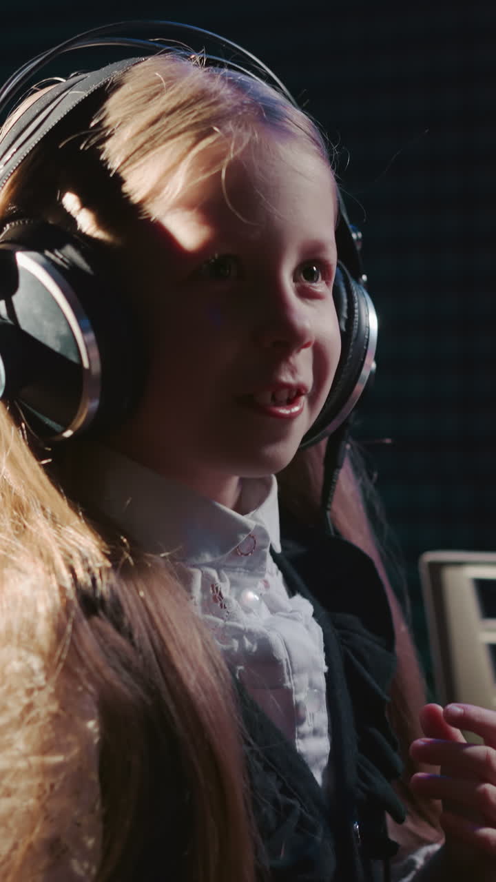 주의 깊은 소녀는 녹음 신호를 기다립니다. 헤드폰을 쓴 아이는 단열된 방에서 노래를 녹음하기 전에 교사의 지시를 주의 깊게 듣습니다.