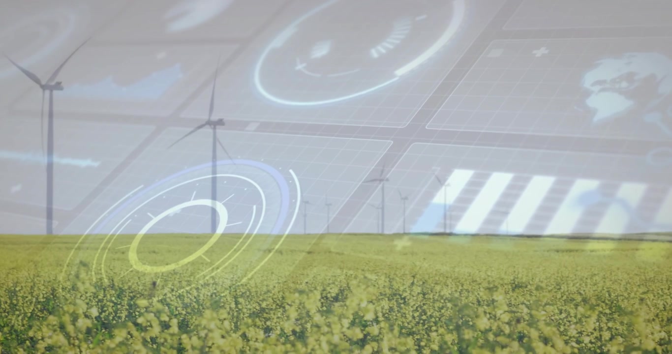Interfaccia utente a griglia che appare su terreni agricoli, turbine che si alzano e ruotano, indicatori che pulsano, mostrando metriche