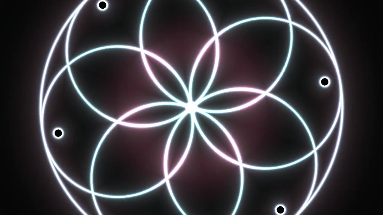 Motivo astratto della Geometria Sacra Fiore della Vita con cerchi al neon luminosi e punti rotanti