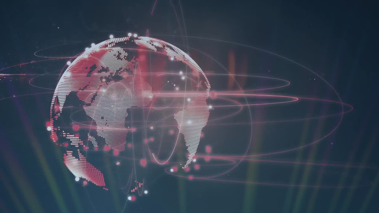 Digital animation of light trails over spinning globe on grey background