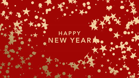 animated closeup happy new year text and gold snowflakes and stars on winter holiday background