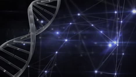 animación de dna en un fondo oscuro con conexiones de luz
