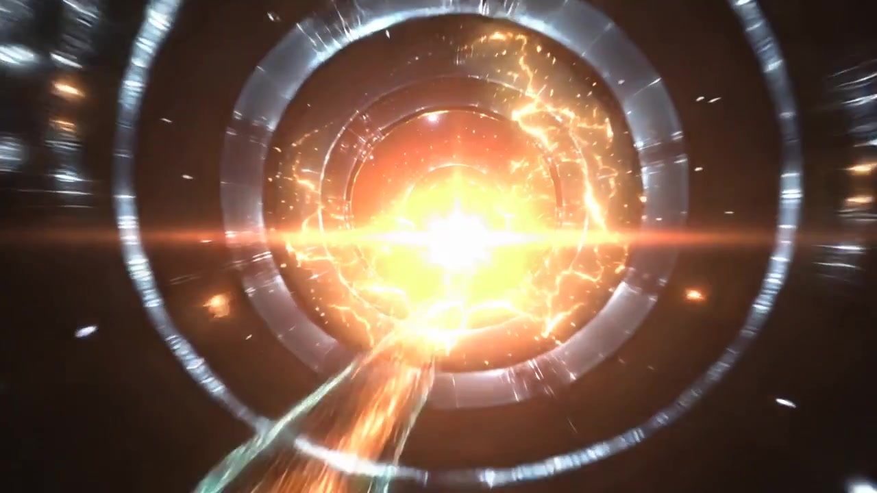 Driving energy tunnel via rings toward core by camera push, connecting to starfield while sparking