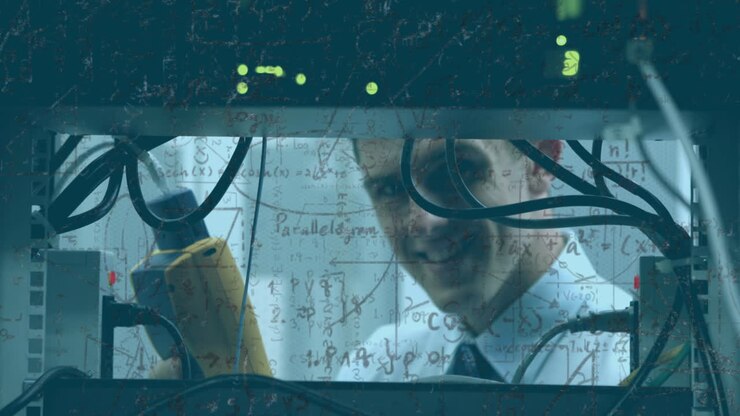 Animazione di formule matematiche su un ingegnere che lavora in una sala tecnica.