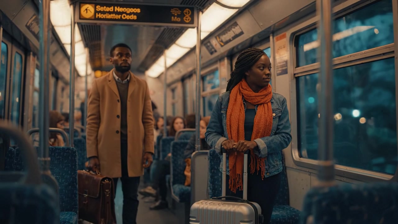 A Station Encounter: Two Travelers in an Urban Train Journey During a Gloomy Evening, Capturing Moments of Anticipation and Journey Reflection in Transit.