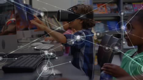 Netzwerk-Von-Verbindungen-Mit-Einem-Schüler,-Der-Ein-VR-Headset-Trägt