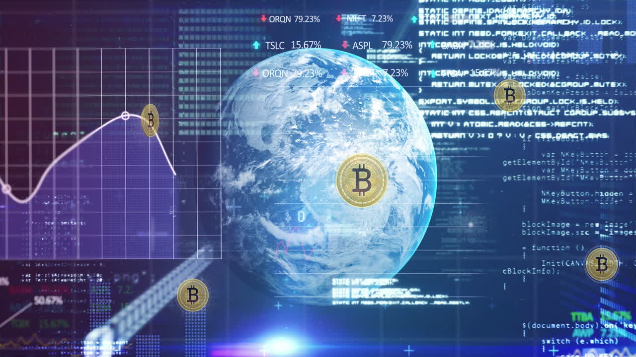 animación del símbolo de bitcoin cayendo sobre el globo y procesamiento de datos