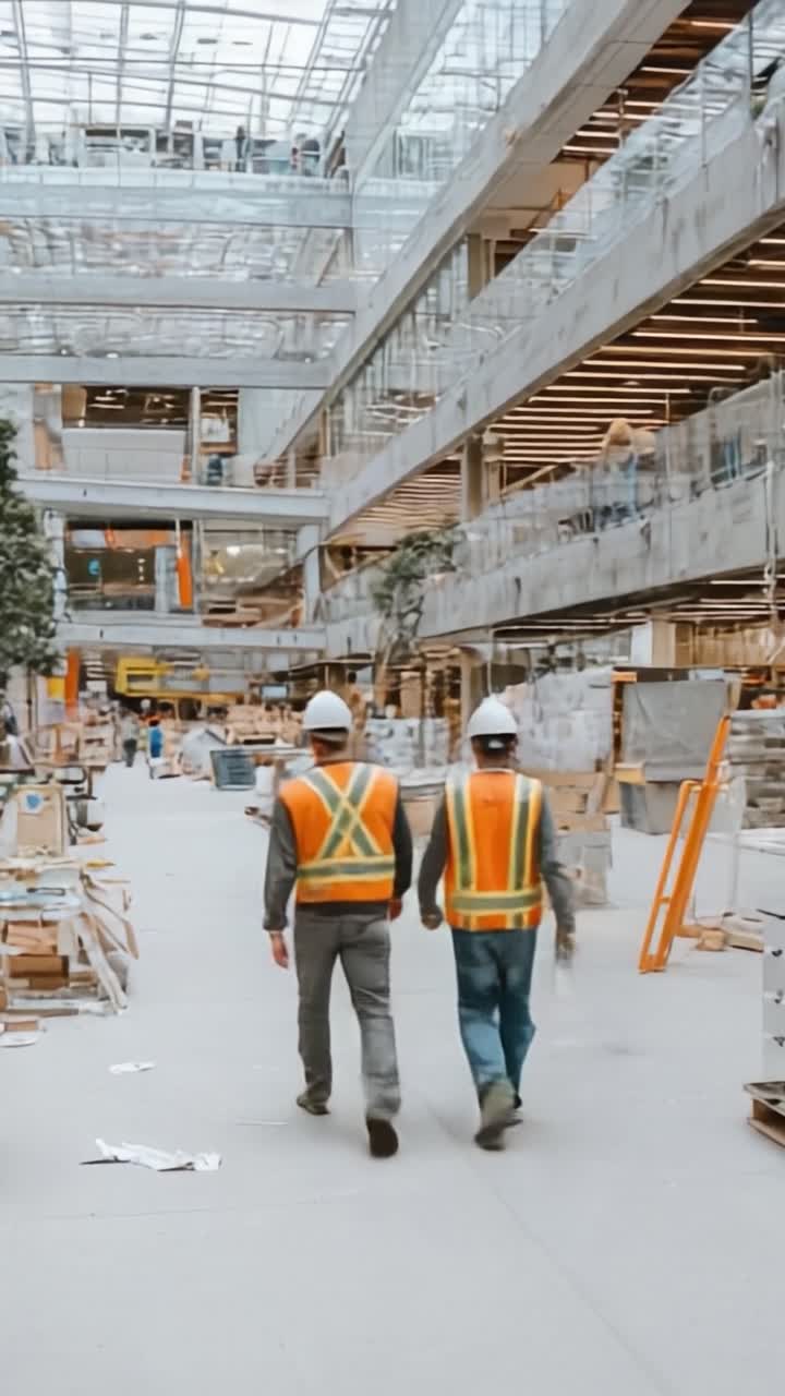 Construction Workers in Safety Gear Walking Through an Active Site: A Visual Journey of Development and Collaboration in Modern Architecture