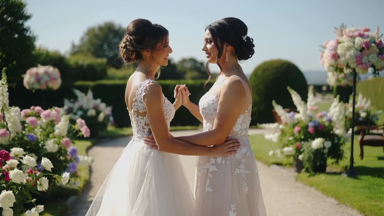 Échange de regards intenses, deux mariées se penchant, se tenant les mains sur une allée de gravier, en robes de dentelle au milieu de fleurs