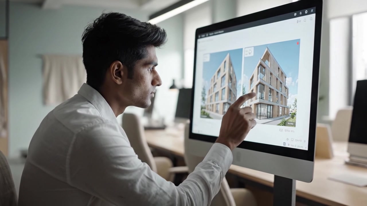 Un Giovane Concentrato Impegnato nel Design Architettonico Digitale, Studiando Visualizzazioni Dettagliate di Edifici Moderni su uno Schermo in un Ambiente d'Ufficio Contemporaneo.