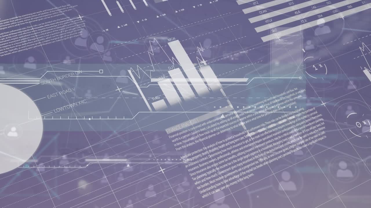 Animation af statistisk databehandling og netværk af profilikoner mod blå baggrund
