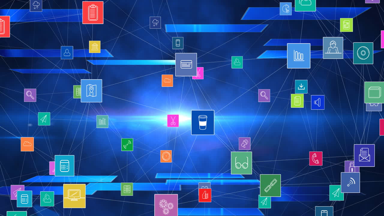 animación de la red de conexiones con iconos digitales