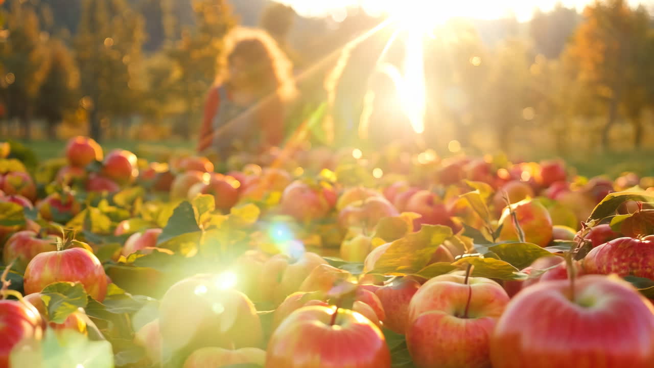 Apple Picking in Sunny Orchard During Golden Hour. Families enjoy picking fresh apples in a scenic orchard as the sun sets, illuminating a bountiful harvest.