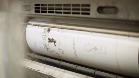 close up of a printing machine, roller part of machine rolling paper in the print, printed details viseible on the paper