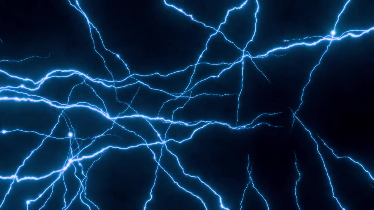 Abstract blue electrical lightning bolts over dark background