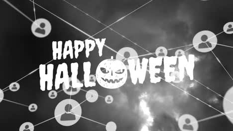 Animation-Eines-Netzwerks-Von-Profilsymbolen-über-Einem-Fröhlichen-Halloween-Textbanner-Vor-Grauem-Hintergrund